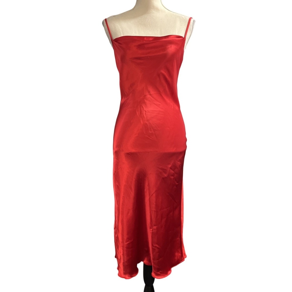 Vintage Bebe Y2K Slip Dress Red Satin Maxi Cowl Neck XS Event Gala Glam